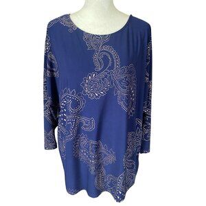 Susan Graver small blue and gold paisley 3/4 sleeve stretchy pullover top blouse